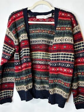 Robert Scott Ltd Red & Forest Green Fair Isle Cardigan Sweater